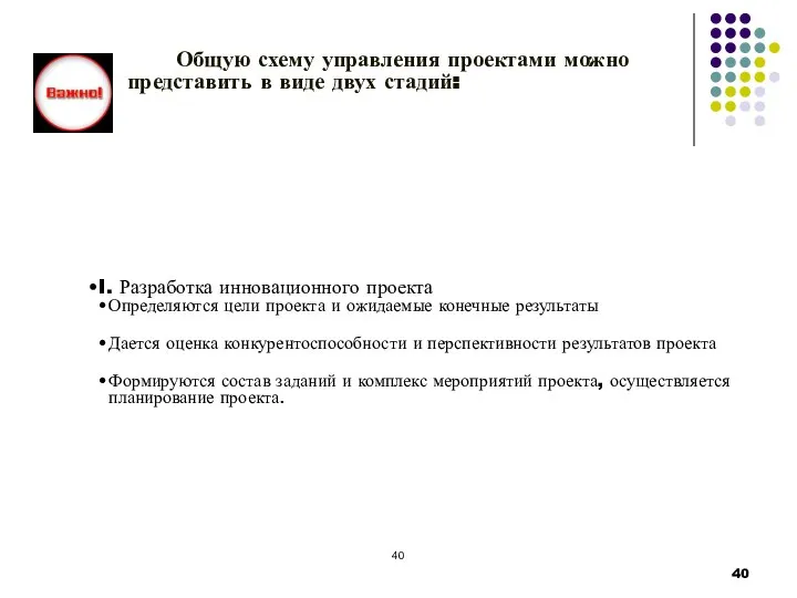 I. Разработка инновационного проекта Определяются цели проекта и ожидаемые конечные результаты Дается