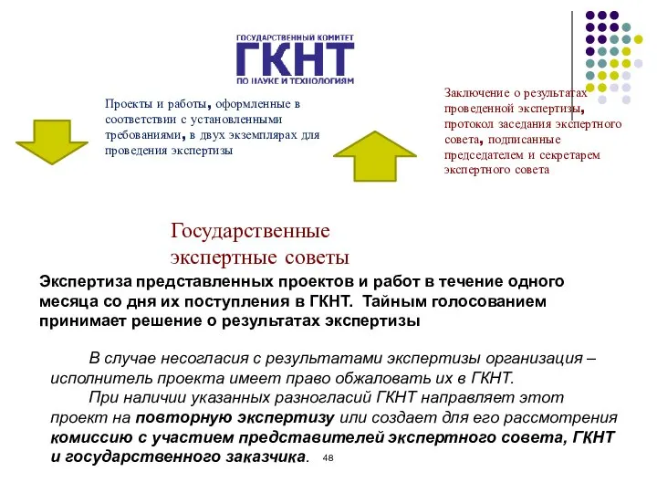 Экспертиза представленных проектов и работ в течение одного месяца со дня их