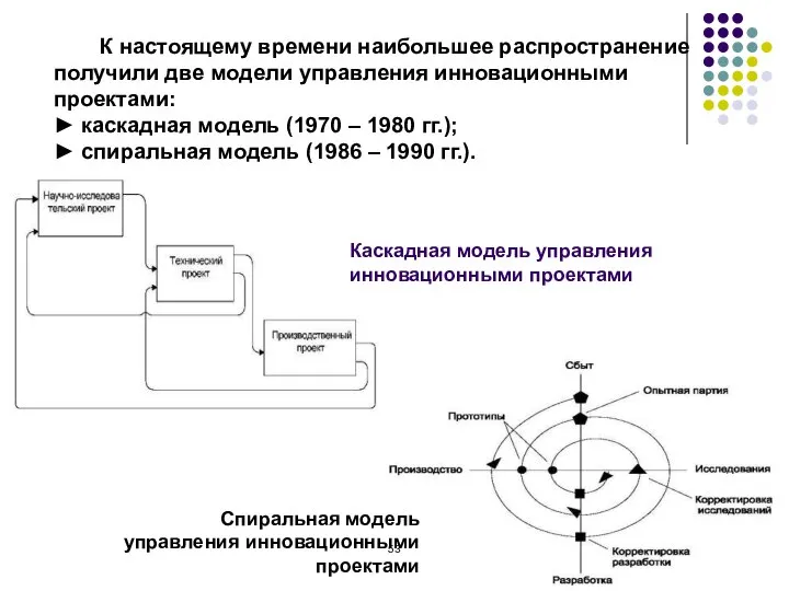 К настоящему времени наибольшее распространение получили две модели управления инновационными проектами: ►