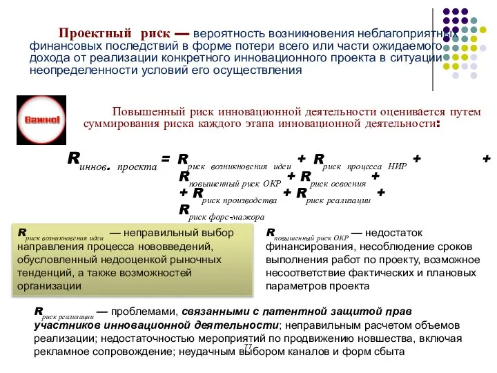 Проектный риск — вероятность возникновения неблагоприятных финансовых последствий в форме потери всего