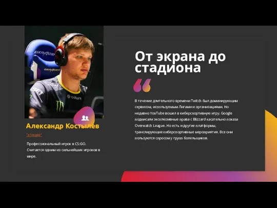 От экрана до стадиона "s1mple" Александр Костылев Профессиональный игрок в CS:GO. Считается