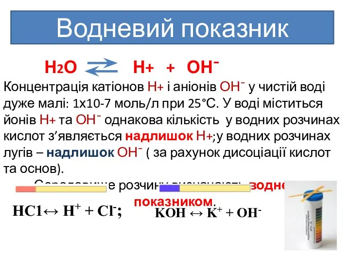 Водневий показник Н2О Н+ + ОН¯ Концентрація катіонов Н+ і аніонів ОН¯