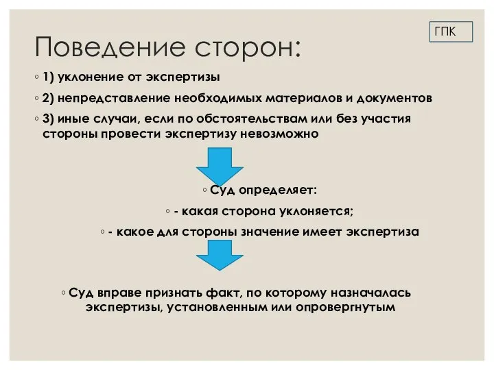 Поведение сторон: 1) уклонение от экспертизы 2) непредставление необходимых материалов и документов