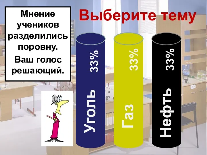 Газ Уголь Нефть 33% 33% 33% Мнение учеников разделились поровну. Ваш голос решающий. Выберите тему