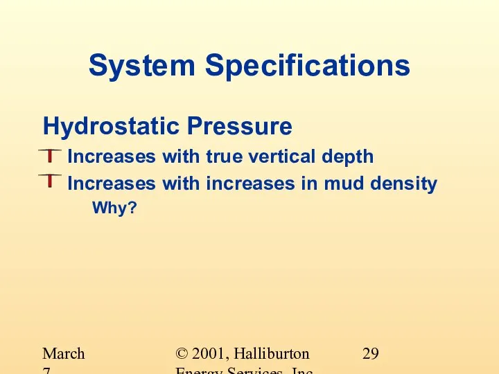 © 2001, Halliburton Energy Services, Inc. March 7, 2001 System Specifications Hydrostatic