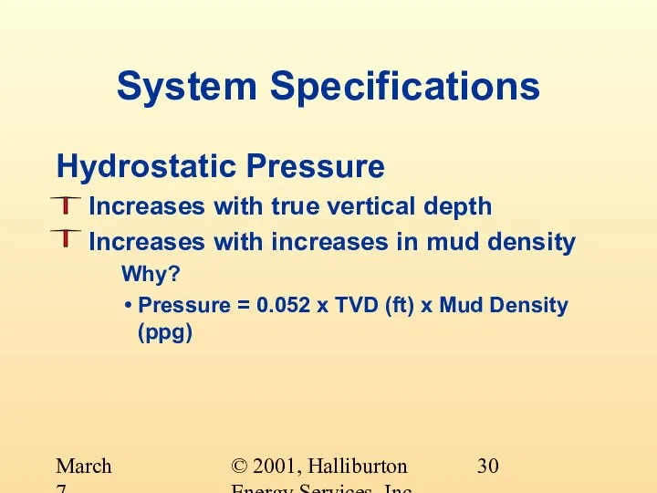 © 2001, Halliburton Energy Services, Inc. March 7, 2001 System Specifications Hydrostatic