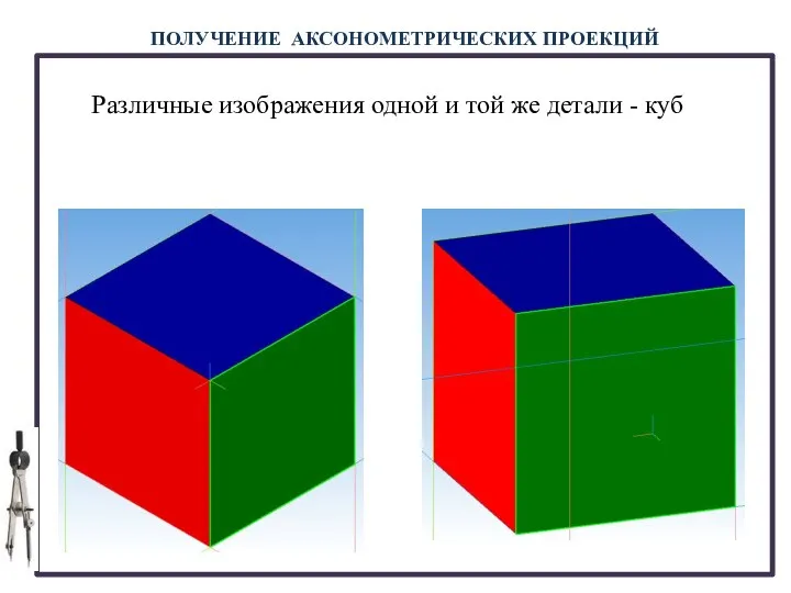 ПОЛУЧЕНИЕ АКСОНОМЕТРИЧЕСКИХ ПРОЕКЦИЙ Различные изображения одной и той же детали - куб