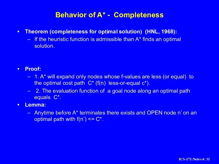 Behavior of A* - Completeness Theorem (completeness for optimal solution) (HNL, 1968):