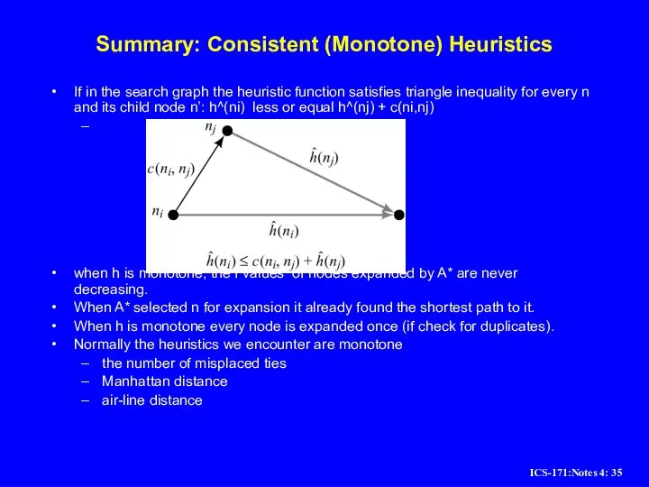 Summary: Consistent (Monotone) Heuristics If in the search graph the heuristic function