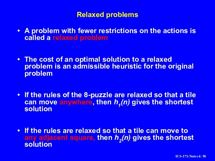 Relaxed problems A problem with fewer restrictions on the actions is called