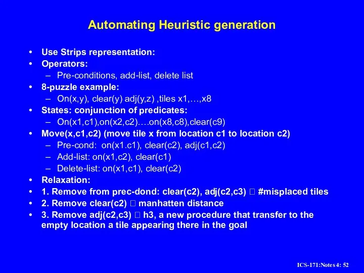 Automating Heuristic generation Use Strips representation: Operators: Pre-conditions, add-list, delete list 8-puzzle