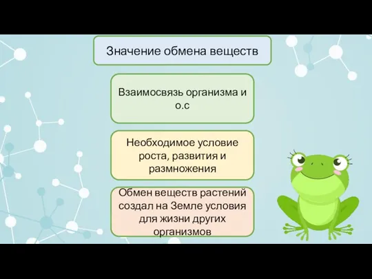 Значение обмена веществ Взаимосвязь организма и о.с Необходимое условие роста, развития и