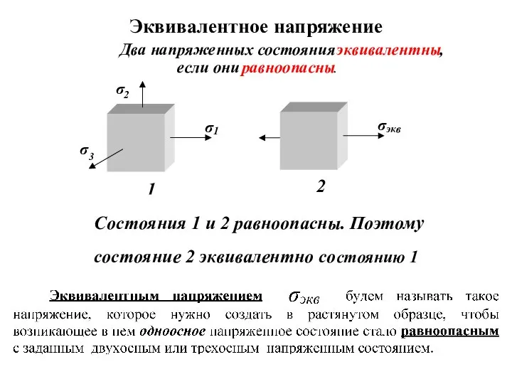 Эквивалентное напряжение Два напряженных состояния эквивалентны , если они равноопасны . 1