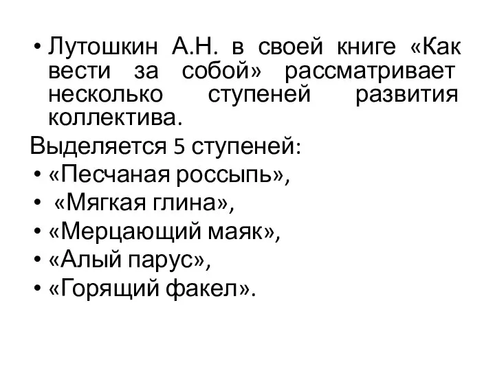 Лутошкин А.Н. в своей книге «Как вести за собой» рассматривает несколько ступеней