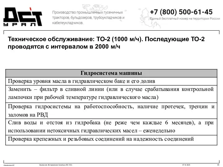 Техническое обслуживание: ТО-2 (1000 м/ч). Последующие ТО-2 проводятся с интервалом в 2000 м/ч