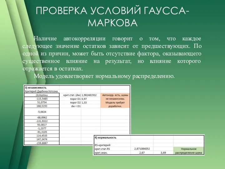 ПРОВЕРКА УСЛОВИЙ ГАУССА-МАРКОВА Наличие автокорреляции говорит о том, что каждое следующее значение