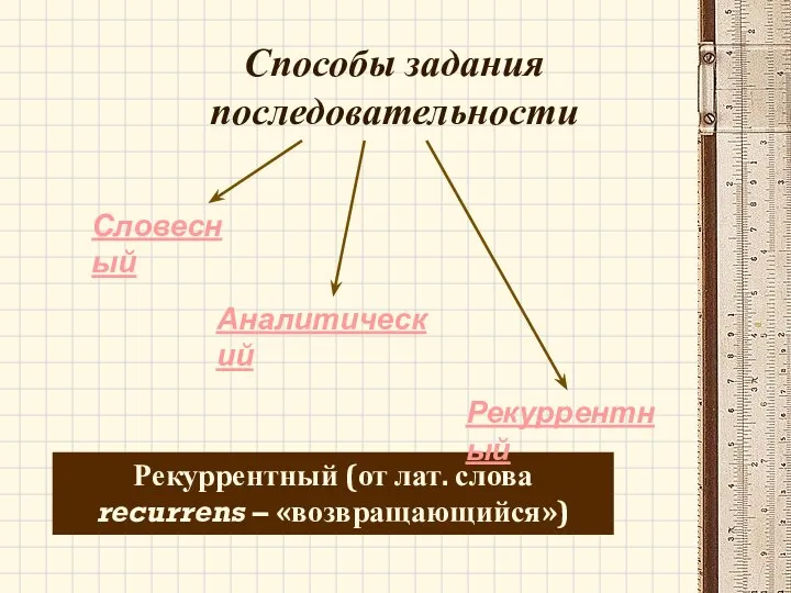 Способы задания последовательности Рекуррентный (от лат. слова recurrens – «возвращающийся») Аналитический Словесный Рекуррентный