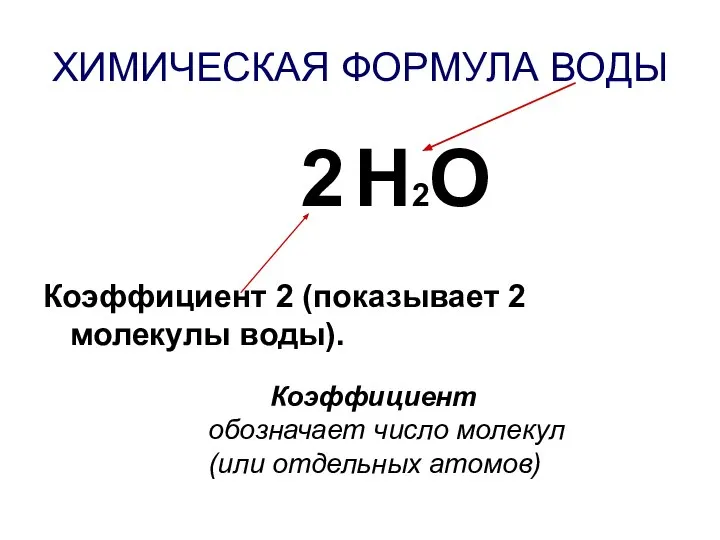 ХИМИЧЕСКАЯ ФОРМУЛА ВОДЫ 2 Н2О Коэффициент 2 (показывает 2 молекулы воды). Коэффициент