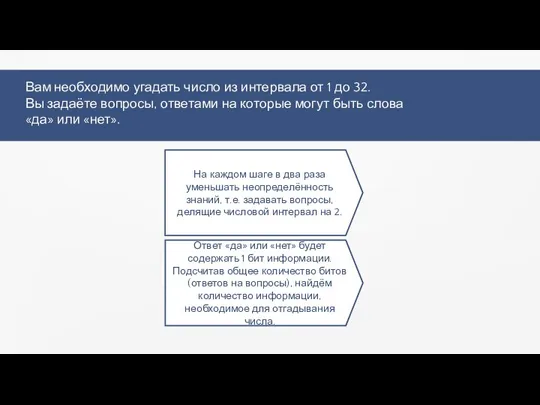 Вам необходимо угадать число из интервала от 1 до 32. Вы задаёте