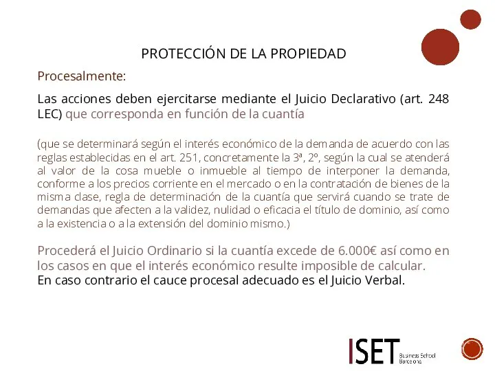 PROTECCIÓN DE LA PROPIEDAD Procesalmente: Las acciones deben ejercitarse mediante el Juicio