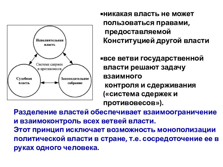 Разделение властей обеспечивает взаимоограничение и взаимоконтроль всех ветвей власти. Этот принцип исключает