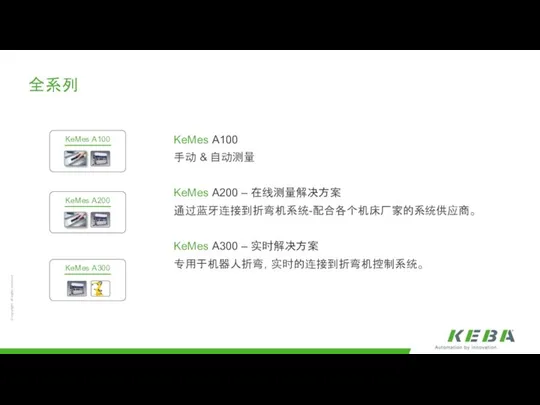 全系列 KeMes A100 手动 & 自动测量 KeMes A200 – 在线测量解决方案 通过蓝牙连接到折弯机系统-配合各个机床厂家的系统供应商。 KeMes A300 – 实时解决方案 专用于机器人折弯，实时的连接到折弯机控制系统。