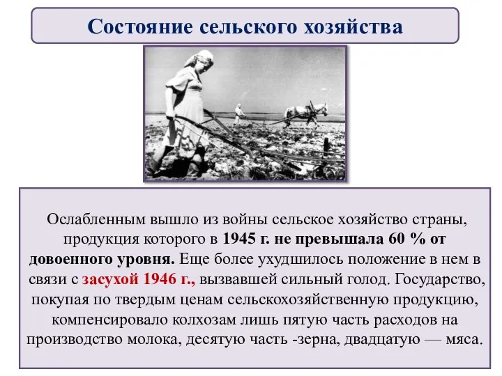 Ослабленным вышло из войны сельское хозяйство страны, продукция которого в 1945 г.