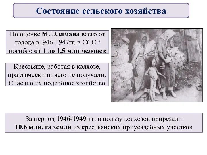 По оценке М. Эллмана всего от голода в1946-1947гг. в СССР погибло от