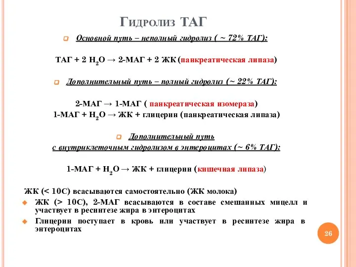 Гидролиз ТАГ Основной путь – неполный гидролиз ( ~ 72% ТАГ): ТАГ