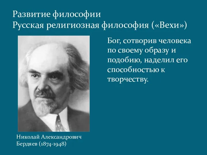 Развитие философии Русская религиозная философия («Вехи») Бог, сотворив человека по своему образу