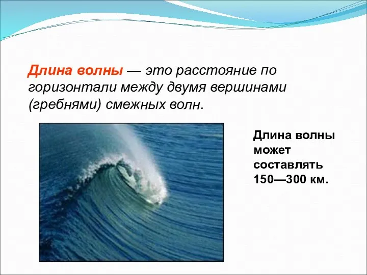 Длина волны — это расстояние по горизонтали между двумя вершинами (гребнями) смежных