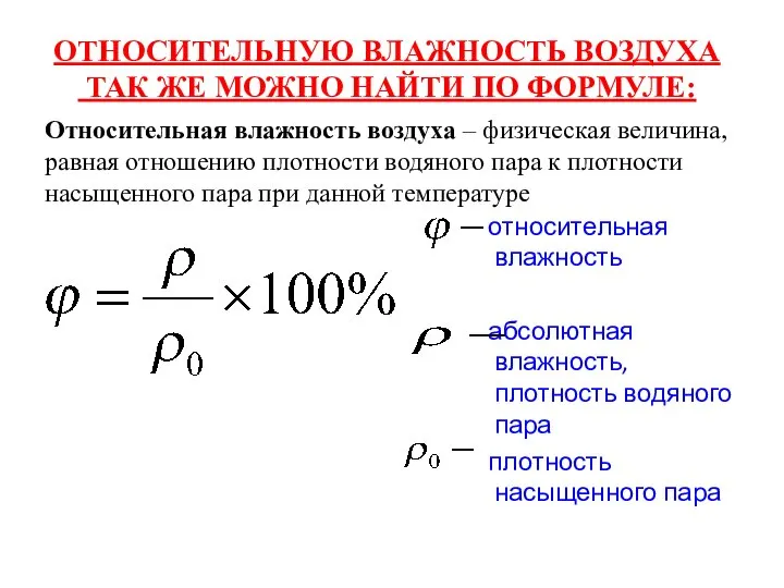 относительная влажность абсолютная влажность, плотность водяного пара плотность насыщенного пара ОТНОСИТЕЛЬНУЮ ВЛАЖНОСТЬ