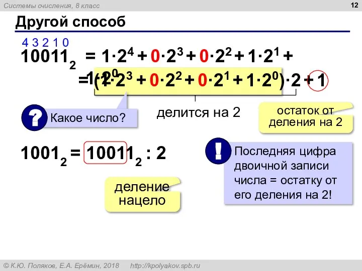 Другой способ 100112 = 1·24 + 0·23 + 0·22 + 1·21 +