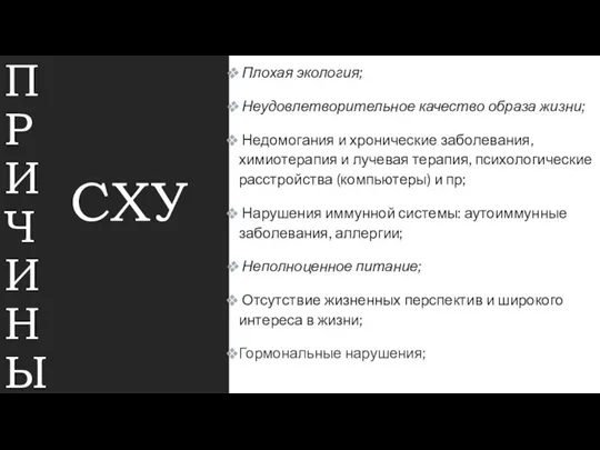 П РИ Ч ИН Ы СХУ Плохая экология; Неудовлетворительное качество образа жизни;