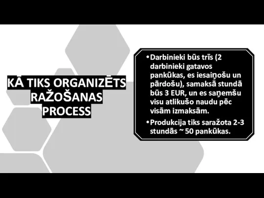 KĀ TIKS ORGANIZĒTS RAŽOŠANAS PROCESS Darbinieki būs trīs (2 darbinieki gatavos pankūkas,