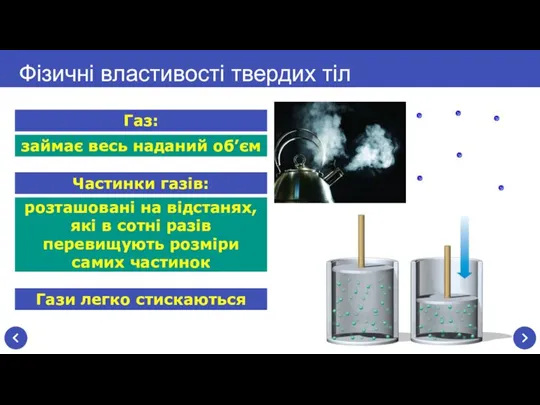 Фізичні властивості твердих тіл займає весь наданий об’єм Газ: Частинки газів: розташовані