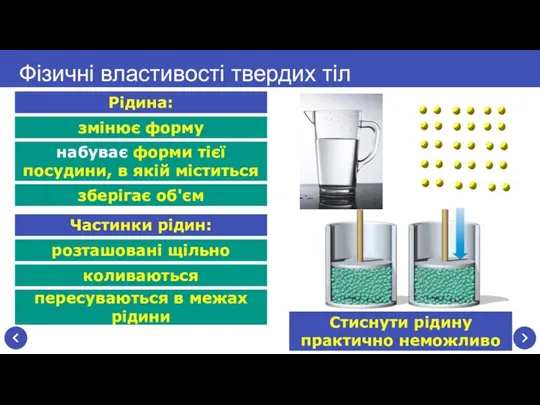 Фізичні властивості твердих тіл змінює форму Рідина: набуває форми тієї посудини, в