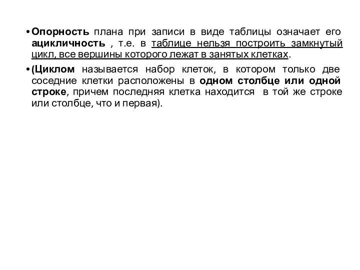 Опорность плана при записи в виде таблицы означает его ацикличность , т.е.