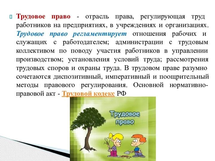 Трудовое право - отрасль права, регулирующая труд работников на предприятиях, в учреждениях