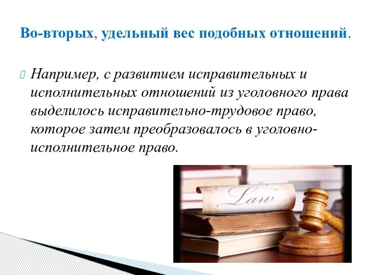 Во-вторых, удельный вес подобных отношений. Например, с развитием исправительных и исполнительных отношений