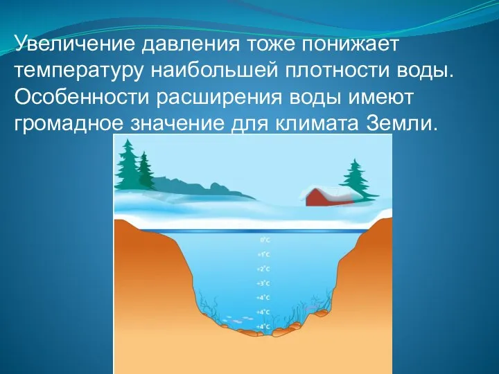 Увеличение давления тоже понижает температуру наибольшей плотности воды. Особенности расширения воды имеют