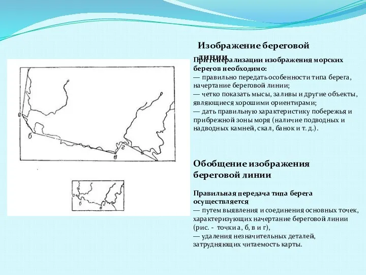 Изображение береговой линии При генерализации изображения морских берегов необходимо: — правильно передать