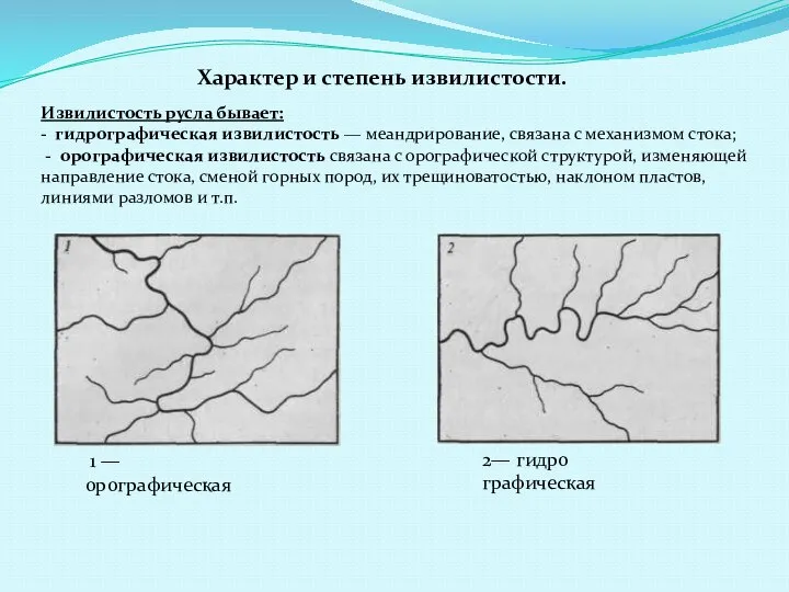 Характер и степень извили­стости. Извилистость русла бывает: - гидрографическая извилистость — меандрирование,