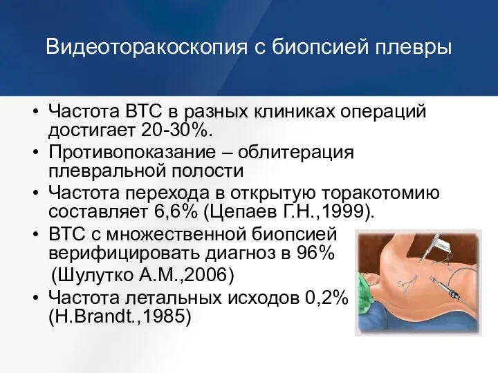 Видеоторакоскопия с биопсией плевры Частота ВТС в разных клиниках операций достигает 20-30%.