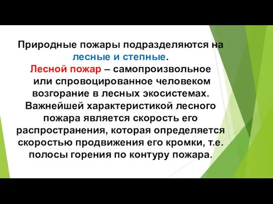 Природные пожары подразделяются на лесные и степные. Лесной пожар – самопроизвольное или