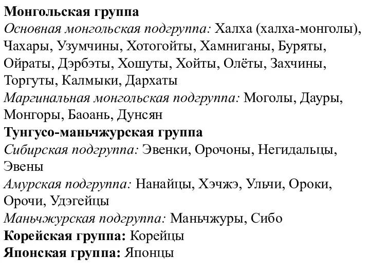 Монгольская группа Основная монгольская подгруппа: Халха (халха-монголы), Чахары, Узумчины, Хотогойты, Хамниганы, Буряты,