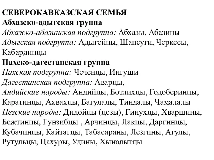 СЕВЕРОКАВКАЗСКАЯ СЕМЬЯ Абхазско-адыгская группа Абхазско-абазинская подгруппа: Абхазы, Абазины Адыгская подгруппа: Адыгейцы, Шапсуги,