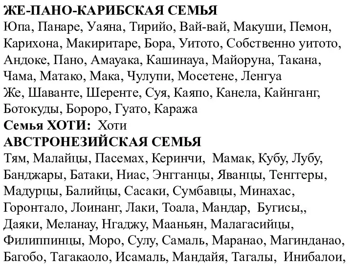 ЖЕ-ПАНО-КАРИБСКАЯ СЕМЬЯ Юпа, Панаре, Уаяна, Тирийо, Вай-вай, Макуши, Пемон, Карихона, Макиритаре, Бора,