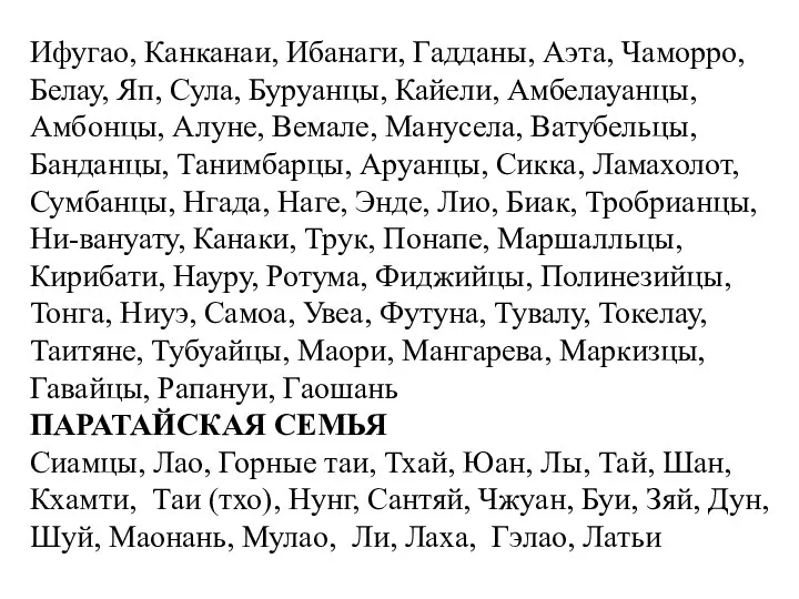 Ифугао, Канканаи, Ибанаги, Гадданы, Аэта, Чаморро, Белау, Яп, Сула, Буруанцы, Кайели, Амбелауанцы,