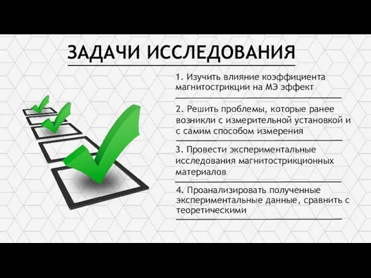 ЗАДАЧИ ИССЛЕДОВАНИЯ 1. Изучить влияние коэффициента магнитострикции на МЭ эффект 2. Решить